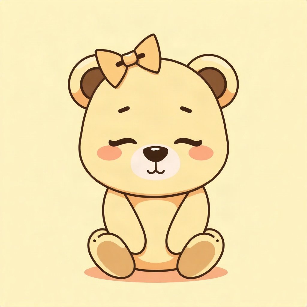 cute pfp — sleepy bear cub, butter yellow palette, tiny bow on head