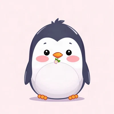 cute pfp — round penguin, lavender blush palette, tiny flower accessory