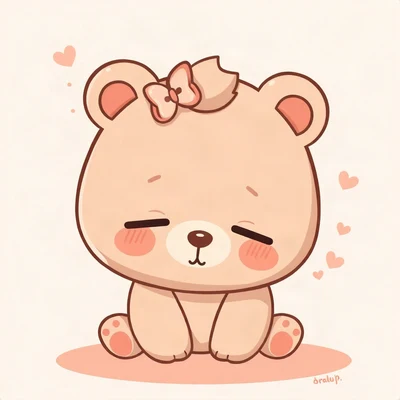 cute pfp — sleepy bear cub, peach and cream palette, tiny bow on head