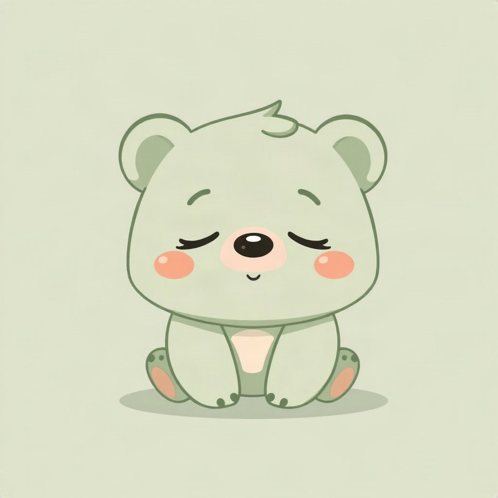 cute pfp — sleepy bear cub, sage green pastel palette, closed happy eyes