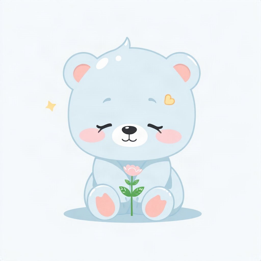 cute pfp — sleepy bear cub, soft sky blue palette, tiny flower accessory