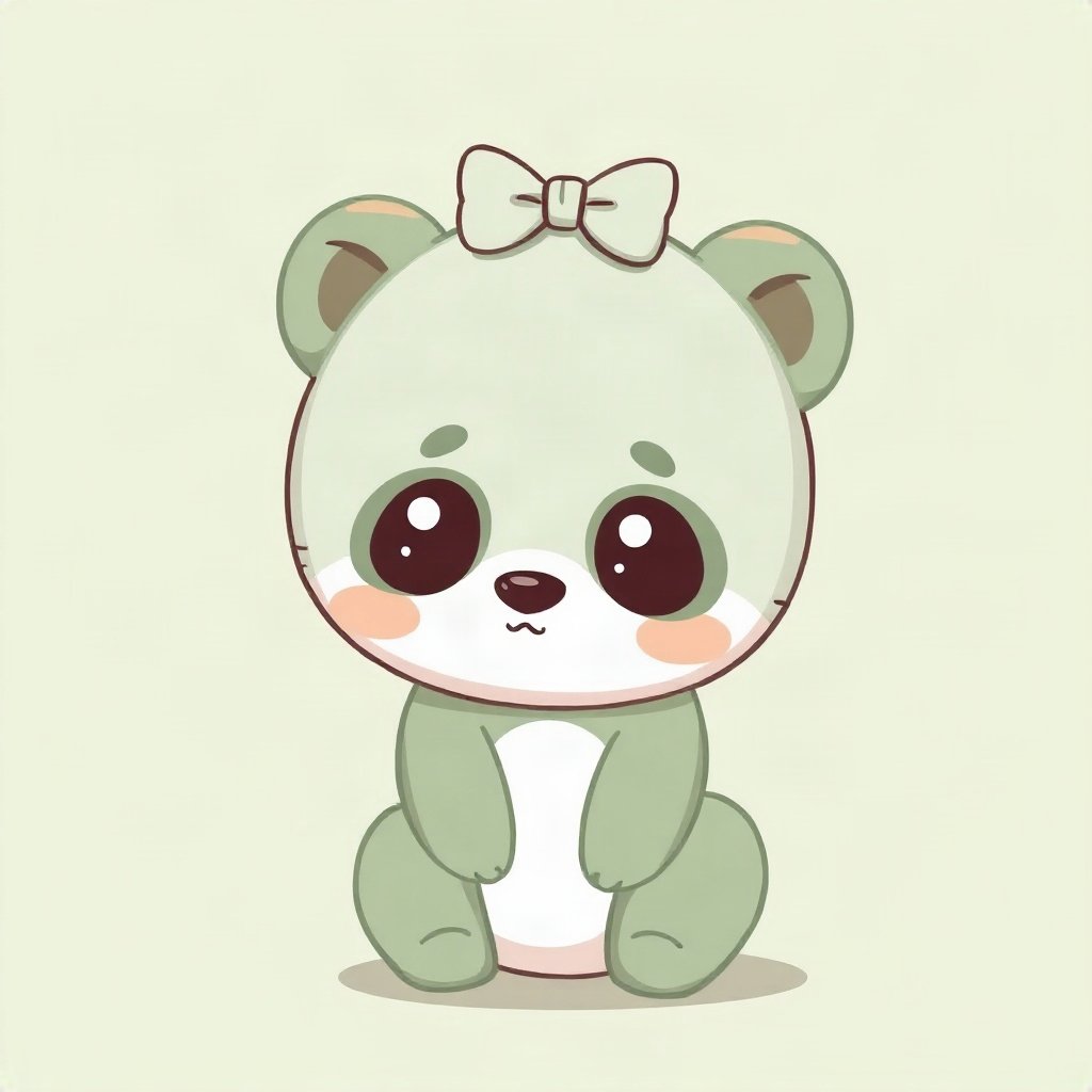 cute pfp — baby panda, sage green pastel palette, tiny bow on head