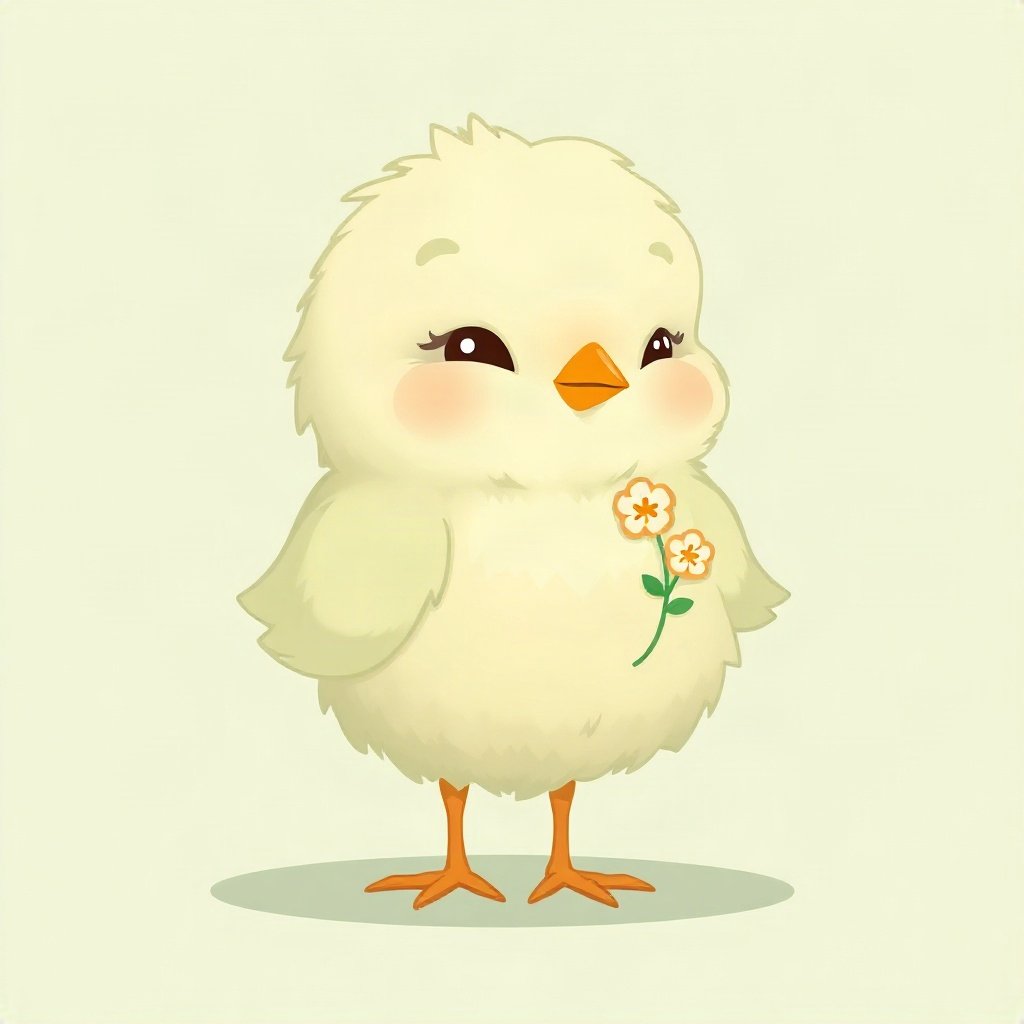 cute pfp — fluffy baby chick, sage green pastel palette, tiny flower accessory