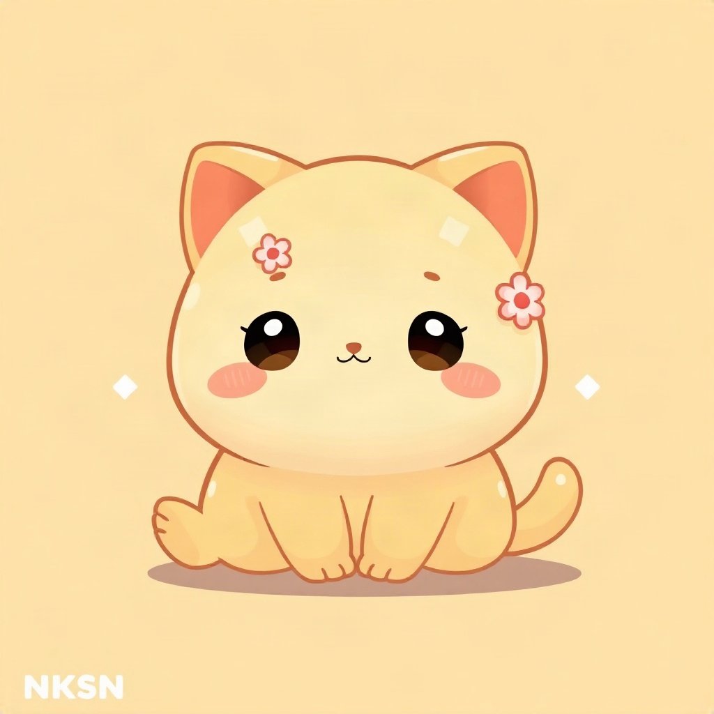 cute pfp — mochi-shaped kitten, butter yellow palette, tiny flower accessory