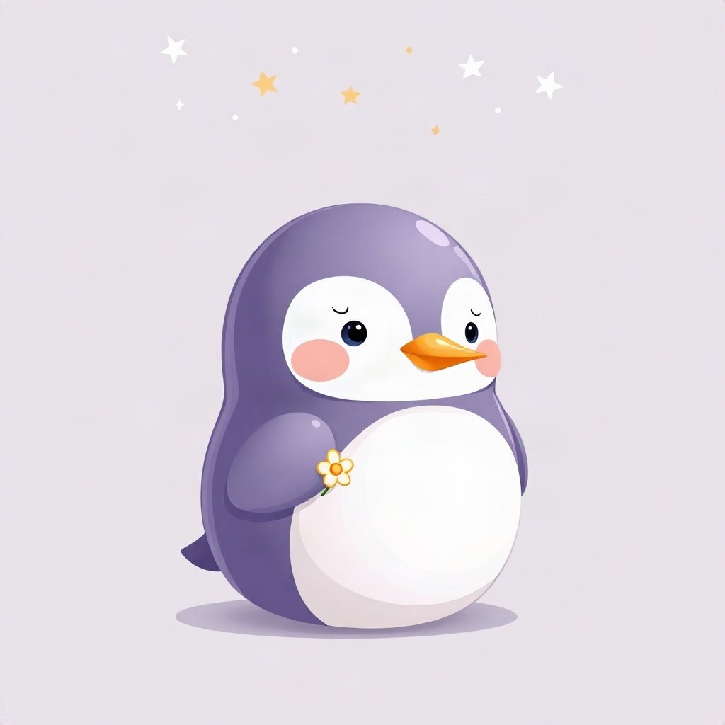 cute pfp — round penguin, lavender blush palette, tiny flower accessory