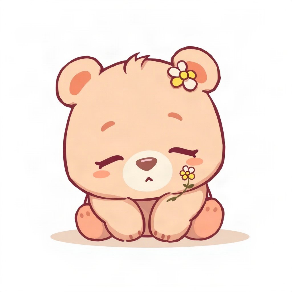 cute pfp — sleepy bear cub, peach and cream palette, tiny flower accessory