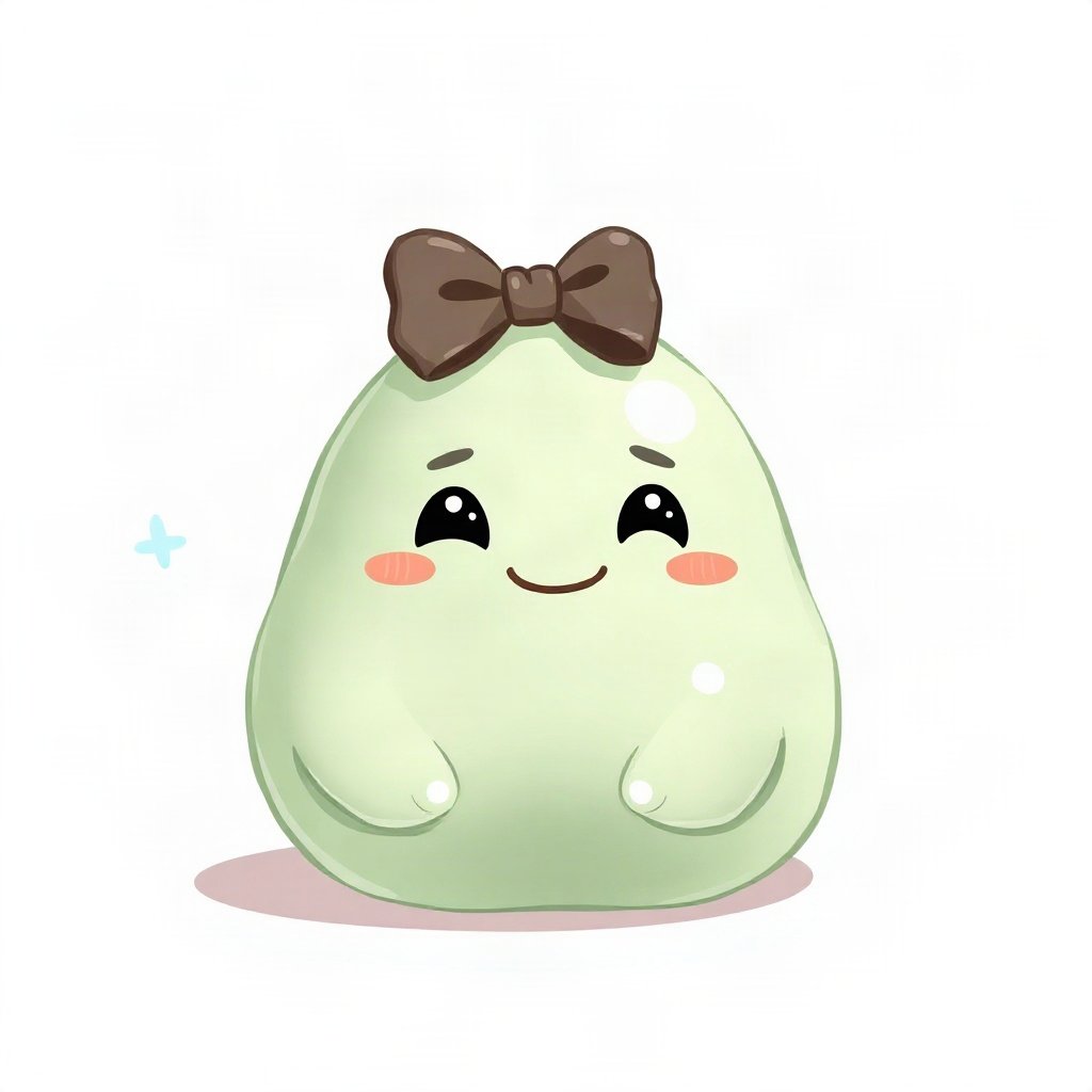 cute pfp — smiling dumpling creature, sage green pastel palette, tiny bow on head