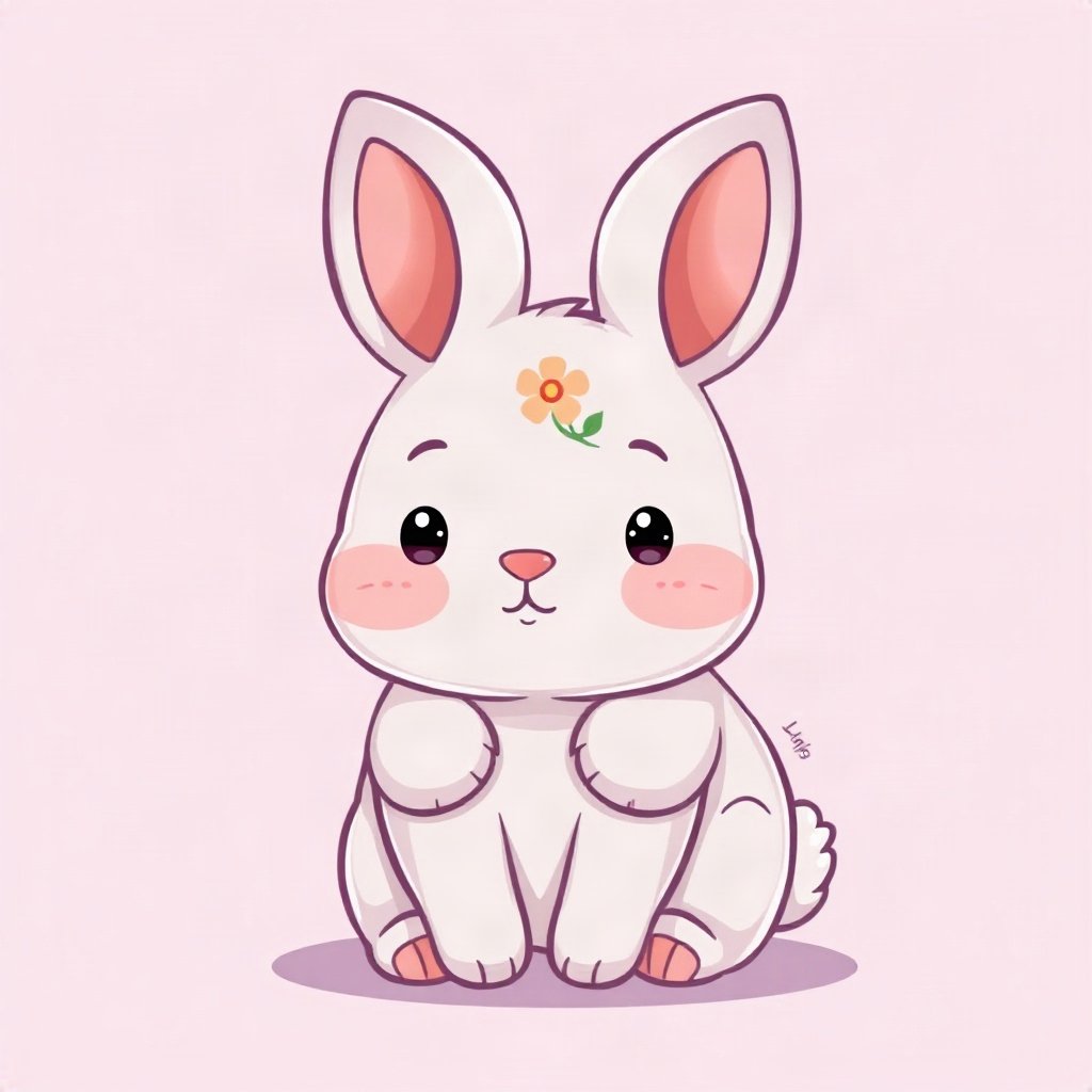 cute pfp — chubby bunny with floppy ears, lavender blush palette, tiny flower accessory