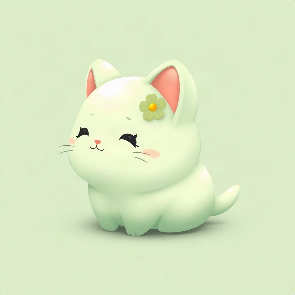 cute pfp — mochi-shaped kitten, sage green pastel palette, tiny flower accessory
