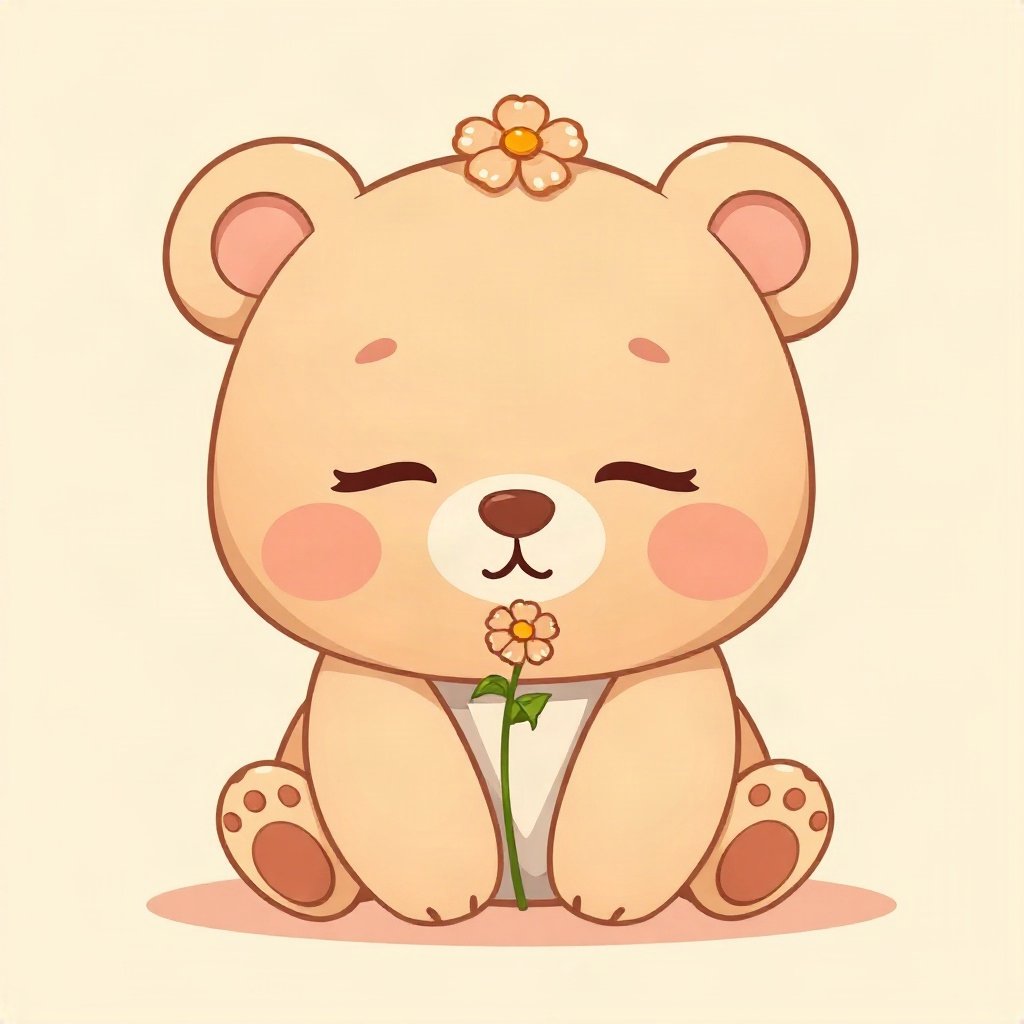 cute pfp — sleepy bear cub, peach and cream palette, tiny flower accessory