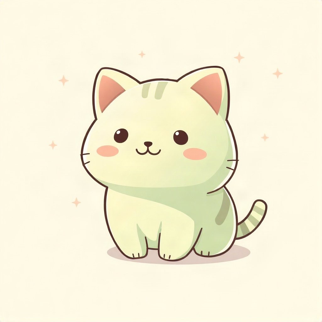 cute pfp — mochi-shaped kitten, sage green pastel palette, small sparkles around