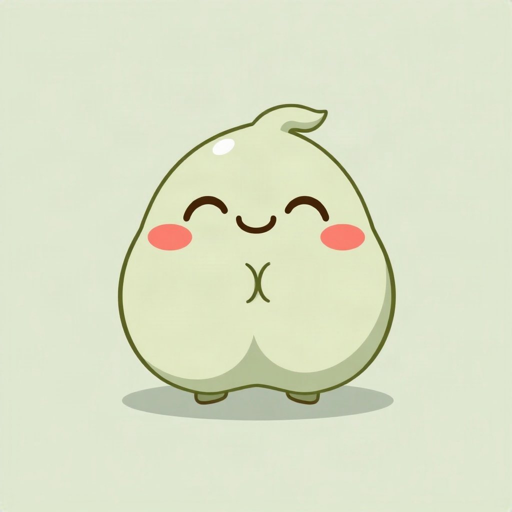 cute pfp — smiling dumpling creature, sage green pastel palette, closed happy eyes