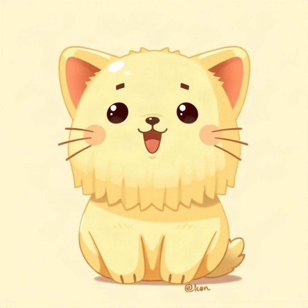 cute pfp — mochi-shaped kitten, butter yellow palette, tiny open-mouth smile