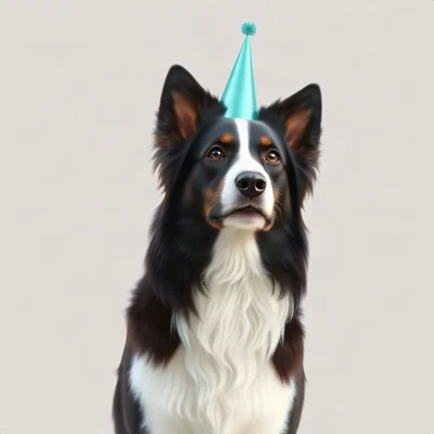 dog pfp — border collie, soft 3d render style, wearing a tiny party hat