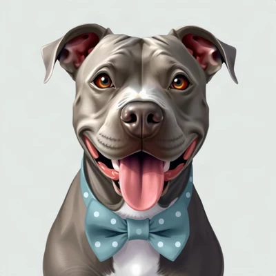 dog pfp — grey pitbull with sweet eyes, digital painting style, with a bow tie