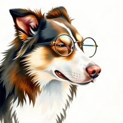 dog pfp — border collie, loose watercolor style, wearing round glasses
