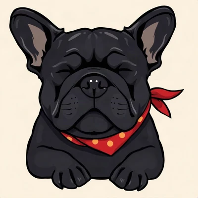 dog pfp — black french bulldog, flat vector illustration style, wearing a red bandana