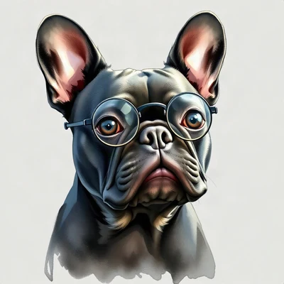 dog pfp — black french bulldog, loose watercolor style, wearing round glasses