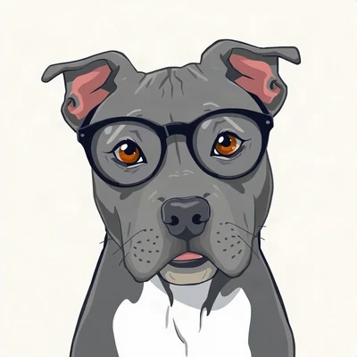 dog pfp — grey pitbull with sweet eyes, flat vector illustration style, wearing round glasses