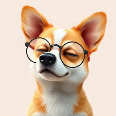dog pfp — corgi with big ears, soft 3d render style, wearing round glasses