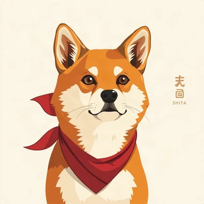 dog pfp — shiba with confident look, flat vector illustration style, wearing a red bandana