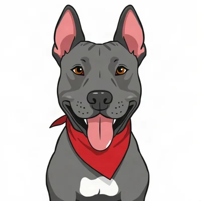 dog pfp — grey pitbull with sweet eyes, flat vector illustration style, wearing a red bandana