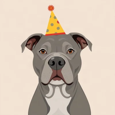 dog pfp — grey pitbull with sweet eyes, flat vector illustration style, wearing a tiny party hat