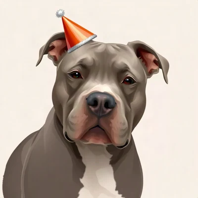 dog pfp — grey pitbull with sweet eyes, digital painting style, wearing a tiny party hat