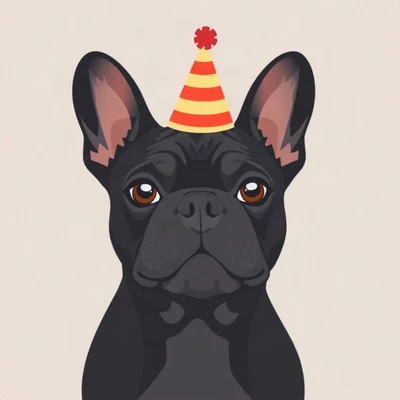 dog pfp — black french bulldog, flat vector illustration style, wearing a tiny party hat