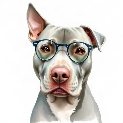 dog pfp — grey pitbull with sweet eyes, loose watercolor style, wearing round glasses