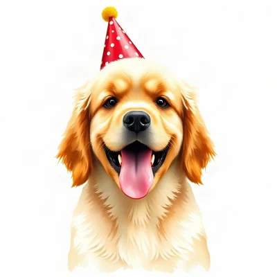 dog pfp — golden retriever puppy, loose watercolor style, wearing a tiny party hat