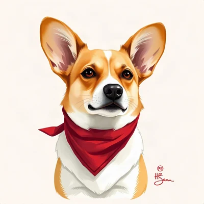 dog pfp — corgi with big ears, digital painting style, wearing a red bandana