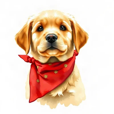 dog pfp — golden retriever puppy, loose watercolor style, wearing a red bandana