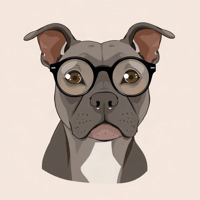 dog pfp — grey pitbull with sweet eyes, flat vector illustration style, wearing round glasses
