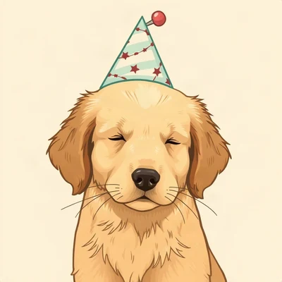 dog pfp — golden retriever puppy, flat vector illustration style, wearing a tiny party hat