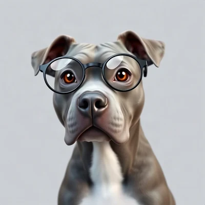 dog pfp — grey pitbull with sweet eyes, soft 3d render style, wearing round glasses