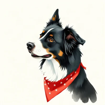 dog pfp — border collie, loose watercolor style, wearing a red bandana