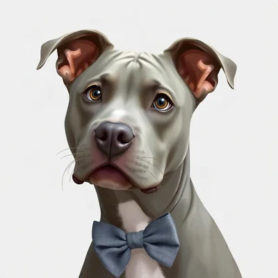 dog pfp — grey pitbull with sweet eyes, digital painting style, with a bow tie
