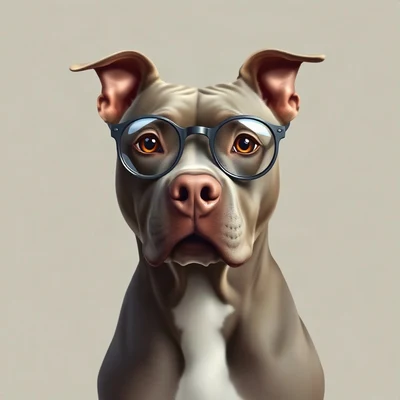 dog pfp — grey pitbull with sweet eyes, digital painting style, wearing round glasses