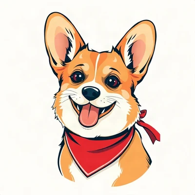 dog pfp — corgi with big ears, flat vector illustration style, wearing a red bandana
