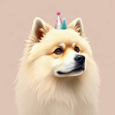dog pfp — fluffy samoyed, digital painting style, wearing a tiny party hat