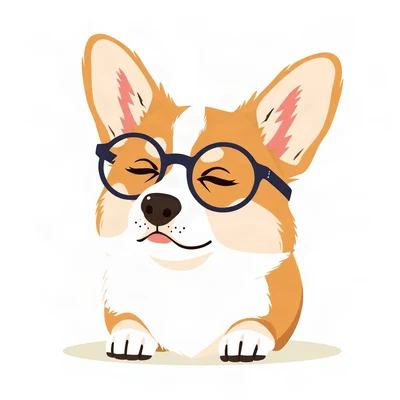 dog pfp — corgi with big ears, flat vector illustration style, wearing round glasses