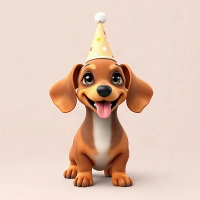 dog pfp — dachshund puppy, soft 3d render style, wearing a tiny party hat