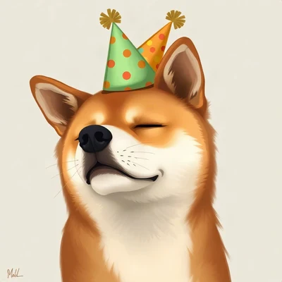 dog pfp — shiba with confident look, digital painting style, wearing a tiny party hat
