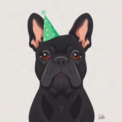 dog pfp — black french bulldog, flat vector illustration style, wearing a tiny party hat