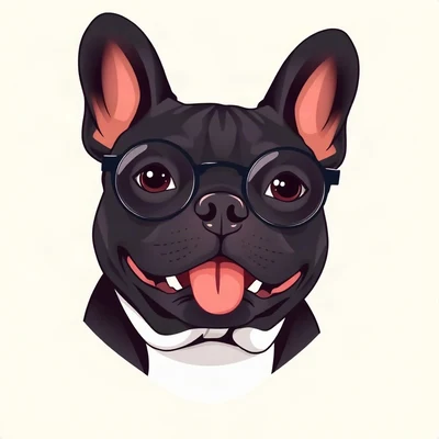 dog pfp — black french bulldog, flat vector illustration style, wearing round glasses