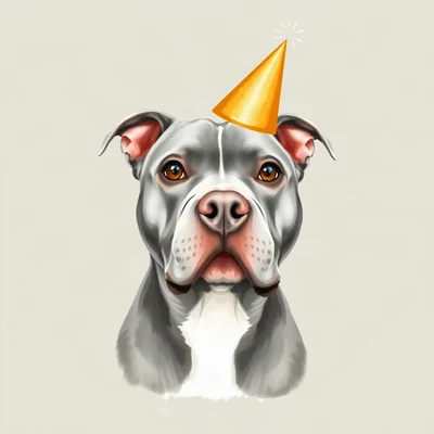 dog pfp — grey pitbull with sweet eyes, loose watercolor style, wearing a tiny party hat