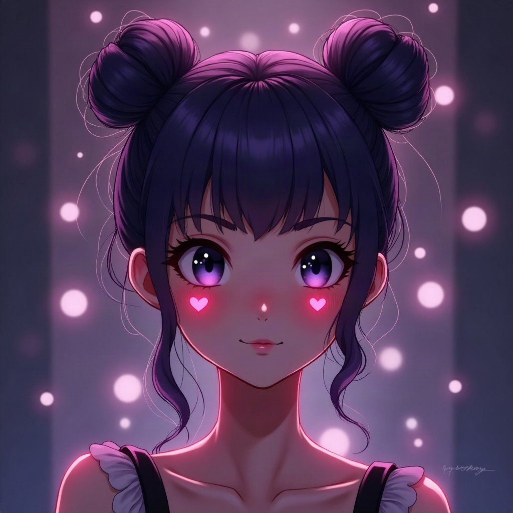 egirl pfp — purple twin buns, small heart stamps under eyes, dark room with fairy lights bokeh