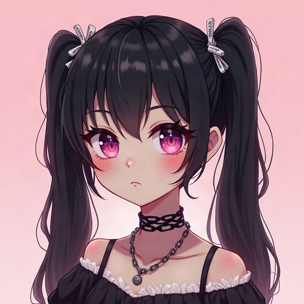 egirl pfp — black pigtails with white streaks, chain choker necklace, soft pink glow background