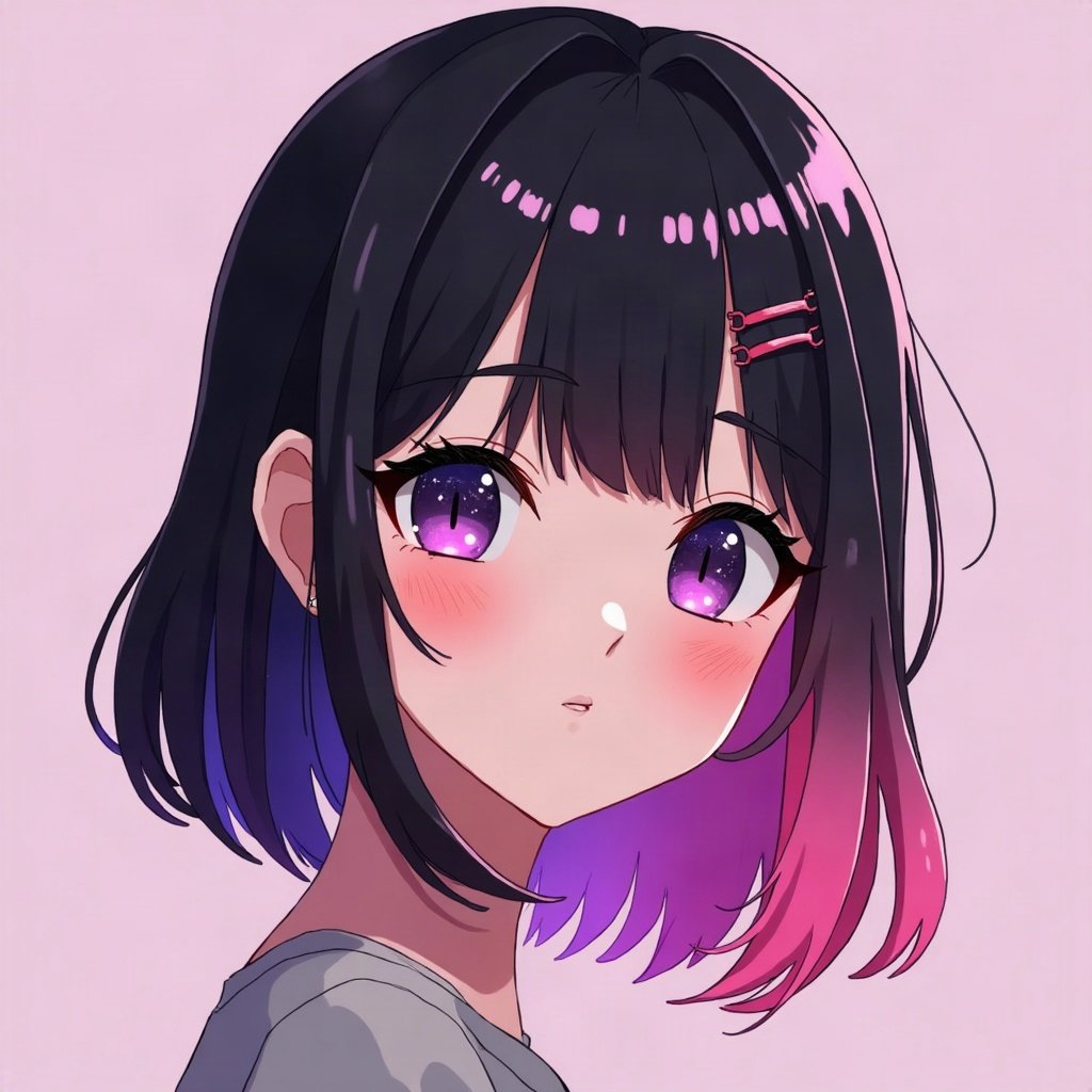 egirl pfp — half black half pink split-dye hair, tiny cross hair clips, purple led glow